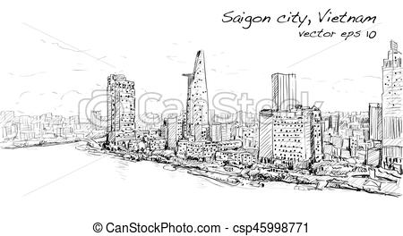 450x264 Sketch Cityscape Of Saigon City - Building Skyline Drawing