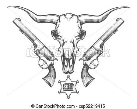 450x357 bull skull with revolvers drawn in engraving style bison skull - Bull Skull Drawing