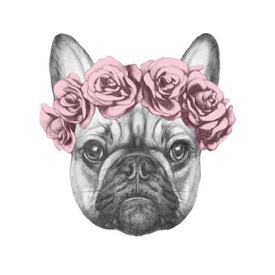 400x400 Original Drawing Of French Bulldog With Roses Isolated On White - Bulldog Drawing