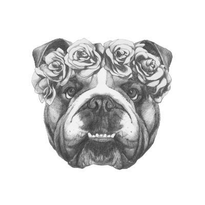 400x400 Original Drawing Of English Bulldog With Floral Head Wreath - Bulldog Drawing Pictures