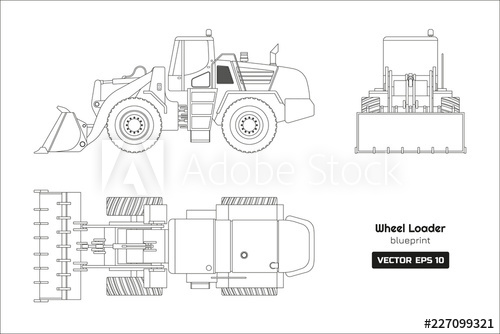 500x334 outline drawing of wheel loader on white background top, side - Bulldozer Drawing