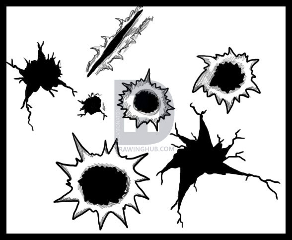 588x483 how to draw bullet holes, step - Bullet Drawing