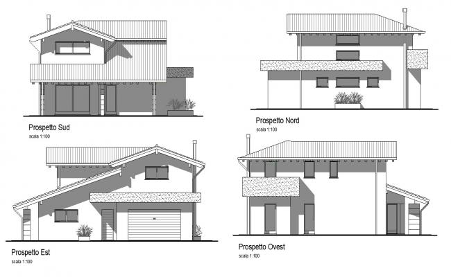 650x400 elevation drawing of a bungalow in dwg - Bungalow Drawing