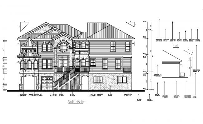 650x400 elevation drawing of the bungalow with detail dimension in autocad - Bungalow Elevation Drawing