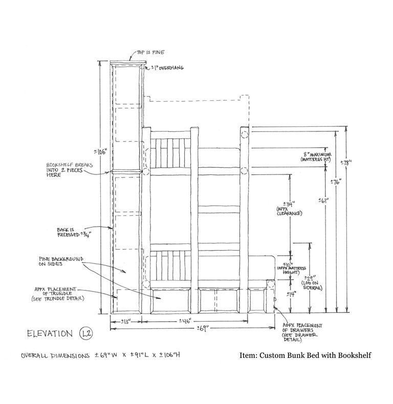 768x790 custom bunk bed with bookshelf shop drawing boys bed custom - Bunk Bed Drawing