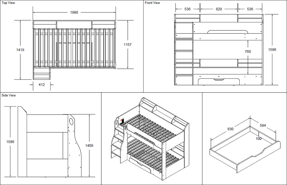 1000x646 Flick Bunk Bed White - Bunk Bed Drawing