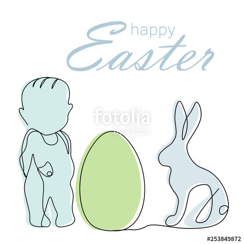 500x500 Happy Easter Card With Bunny, Egg, Baby Boy One Line Drawing - Bunny Line Drawing