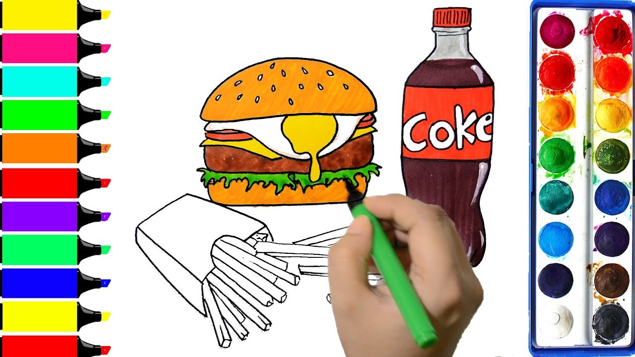 1280x720 draw color paint burger, coke, french fries coloring - Burger And Fries Drawing