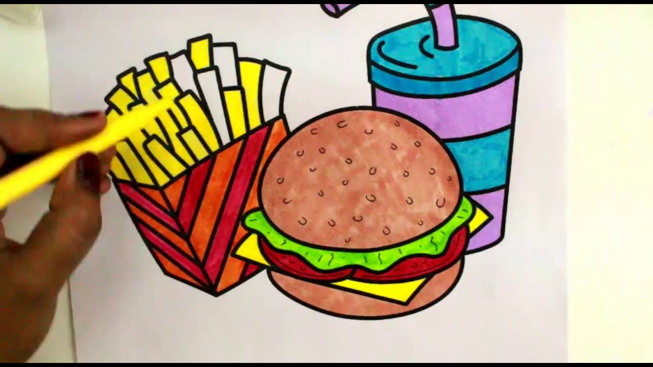 1280x720 draw color paint burger, pizza, french fries colouring - Burger And Fries Drawing