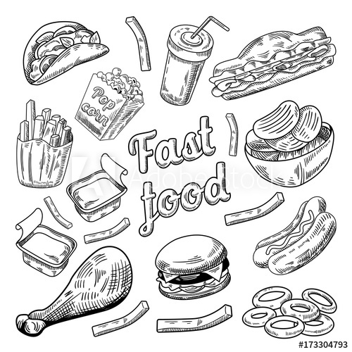500x500 fast food restaurant menu hand drawn sketch burger french fries - Burger And Fries Drawing