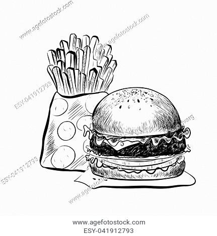 431x470 fries burger drawing stock photos and images age fotostock - Burger And Fries Drawing