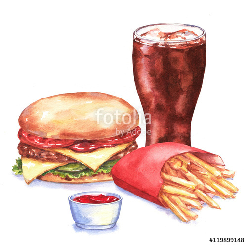 500x495 hand drawn watercolor fast food illustration drawing - Burger And Fries Drawing