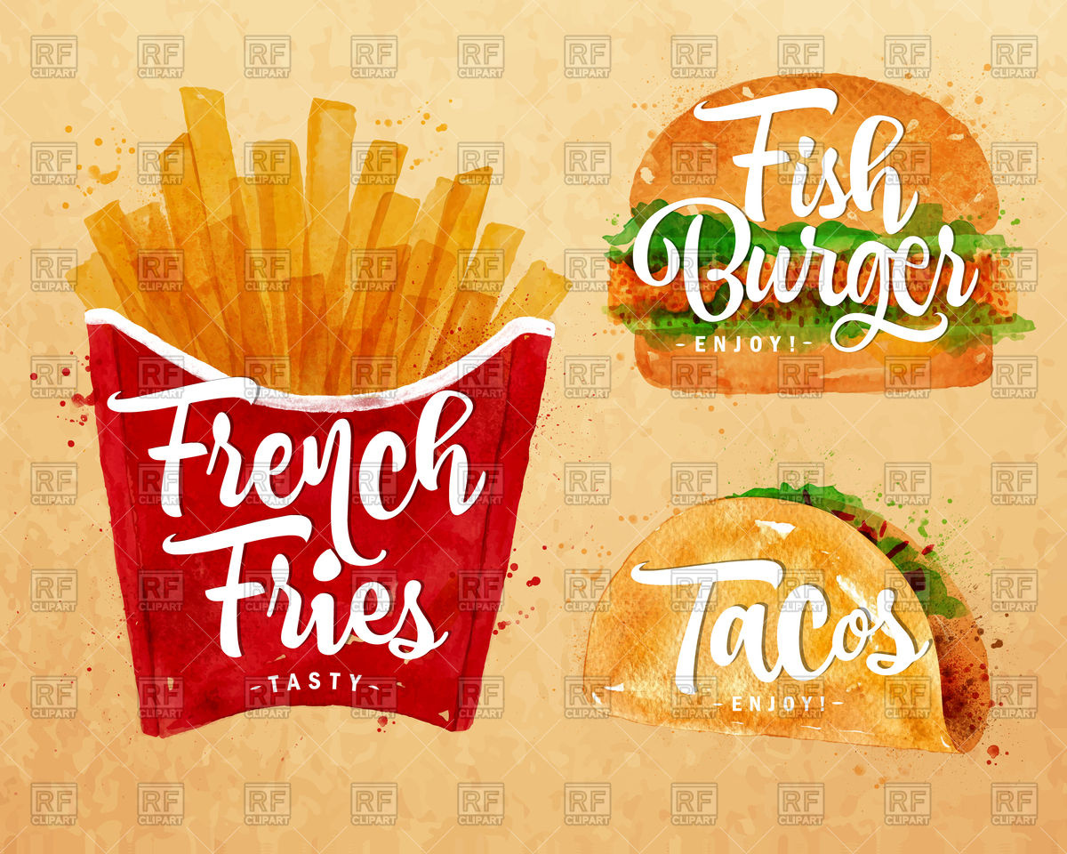 1200x960 set of french fries, fish burger and tacos drawing vector image - Burger And Fries Drawing