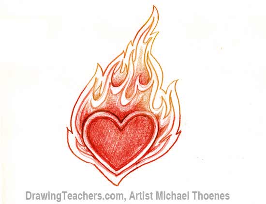 550x421 How To Draw A Heart With Flames - Burning Heart Drawing