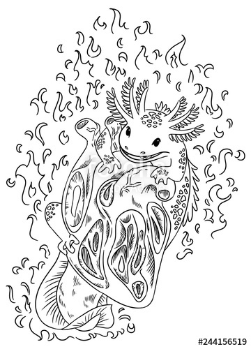 360x500 salamander on a burning heart sketch tattoo design black - Burning Heart Drawing