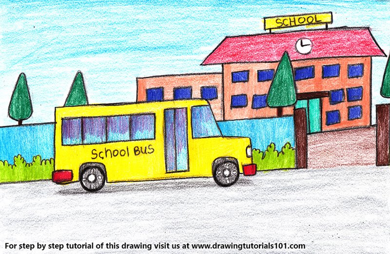 800x522 School Bus Scene Colored Pencils - Bus Drawing