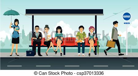 450x249 Bus Stop Employees And People Were Sitting - Bus Stop Drawing
