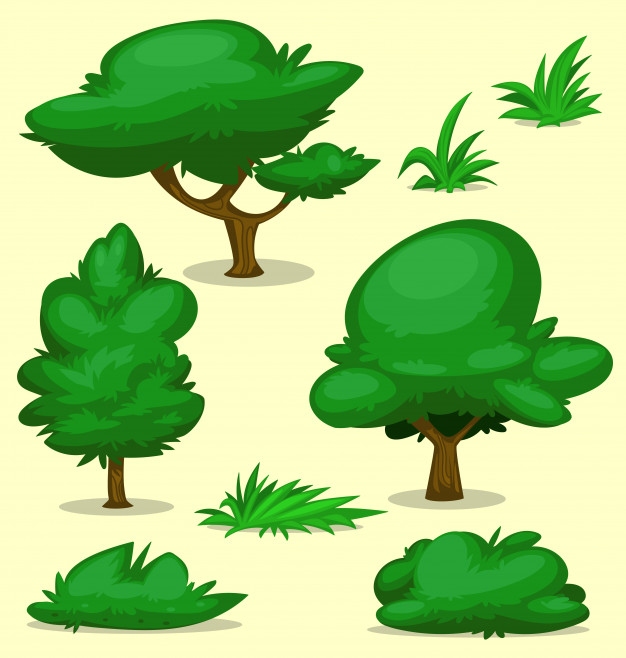 626x658 Cartoon Isolated Tree Bush Grass Drawing Template Set Vector - Bush Drawing