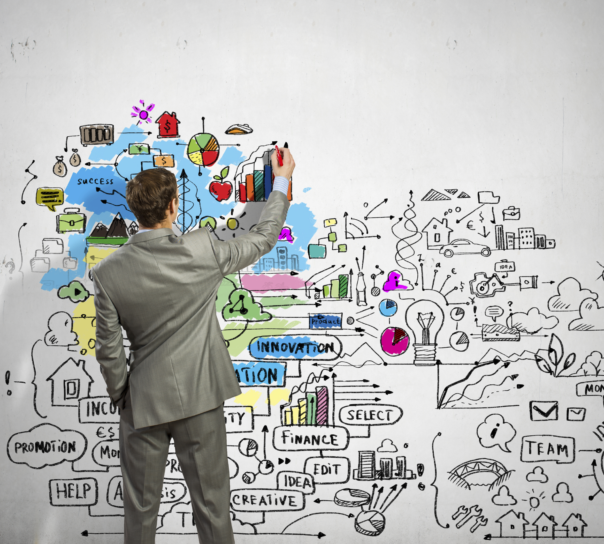 2337x2103 Businessman Drawing Sketches On Wall - Businessman Drawing