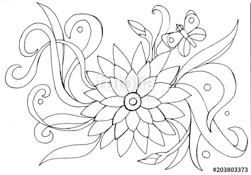 500x350 outline drawing of a flower and butterfly for coloring stock - Butterfly Drawing Outline