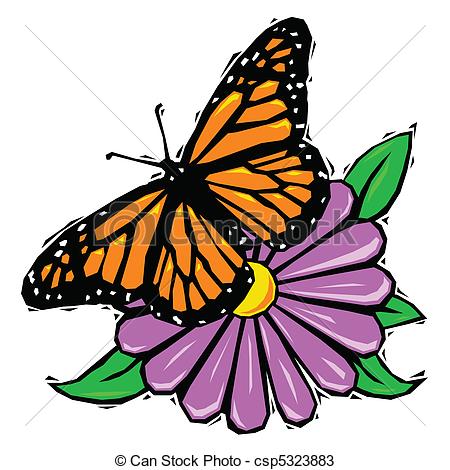 450x470 Woodcut Butterfly On Flower Monarch Butterfly Resting - Butterfly Flower Drawing