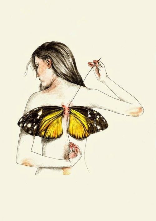 500x707 Art, Beautiful, Butterfly, Drawing, Girl, Stitches, Vintage, Wings - Butterfly Girl Drawing