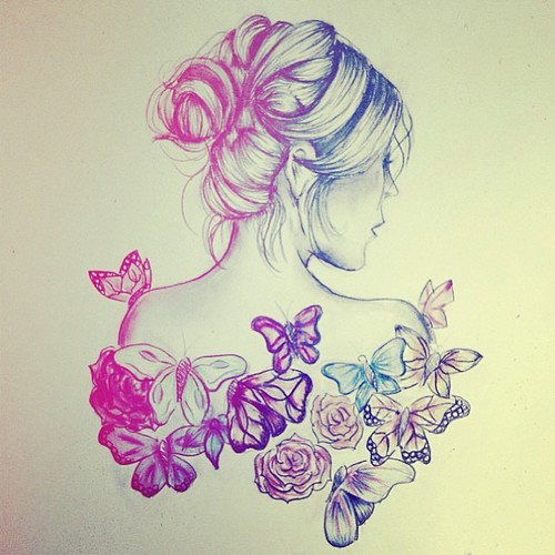 500x500 Beautiful, Butterfly, Drawing, Flower - Butterfly Girl Drawing