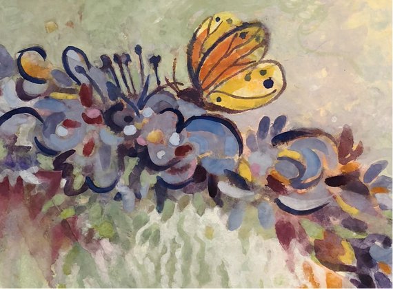 570x420 Original Butterfly In The Garden Watercolor Painting Orange Etsy - Butterfly In Garden Drawing