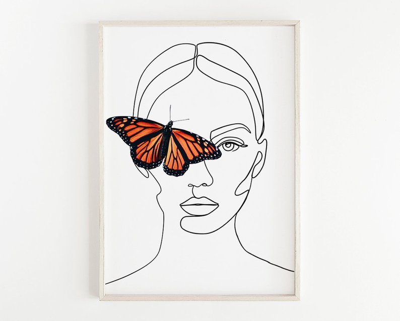794x638 Portrait With Butterfly Printable Line Art Tumblr Woman Face Etsy - Butterfly Line Drawing Images