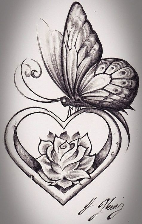 476x750 Heart Shape Butterfly Tattoo Design Tattoos Tattoos, Butterfly - Butterfly On Rose Drawing