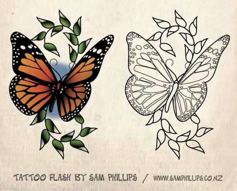 487x392 Awesome Color Ink Butterfly Tattoo Design Think Ink! Butterfly - Butterfly Tattoo Drawing