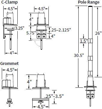 341x364 workrite conf pb s pole, hd c clamp grommet base - C Clamp Drawing