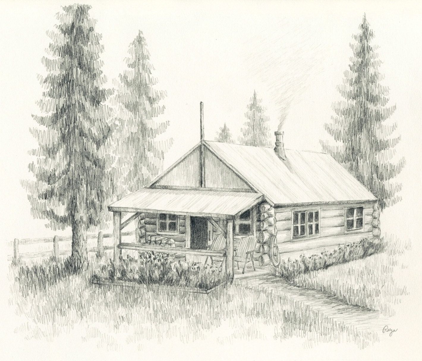 1420x1213 log cabin drawing little log cabin original pencil drawing - Cabin Drawing
