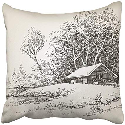 425x425 Throw Pillow Cover Square Inches Black Sketch - Cabin In The Woods Drawing