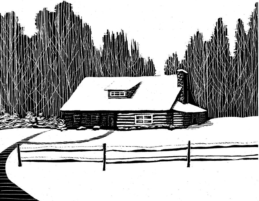 900x700 snowy cabin in the woods drawing - Cabin In The Woods Drawing