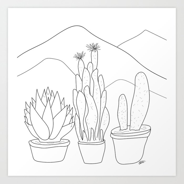 700x700 Black And White Cactus And Mountain Minimal Illustration Art Print - Cactus Drawing Black And White