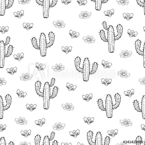 500x500 Cactus Seamless Pattern, Outline Linear Hand Drawing, Silhouette - Cactus Drawing Outline