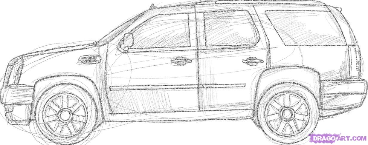 1231x486 draw a cadillac escalade suv, step - Cadillac Drawing