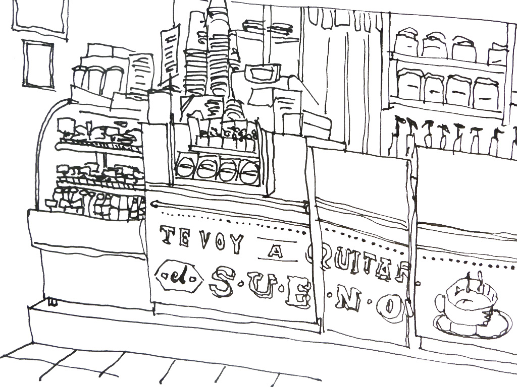 1024x768 pen drawing of a cafe - Cafe Drawing