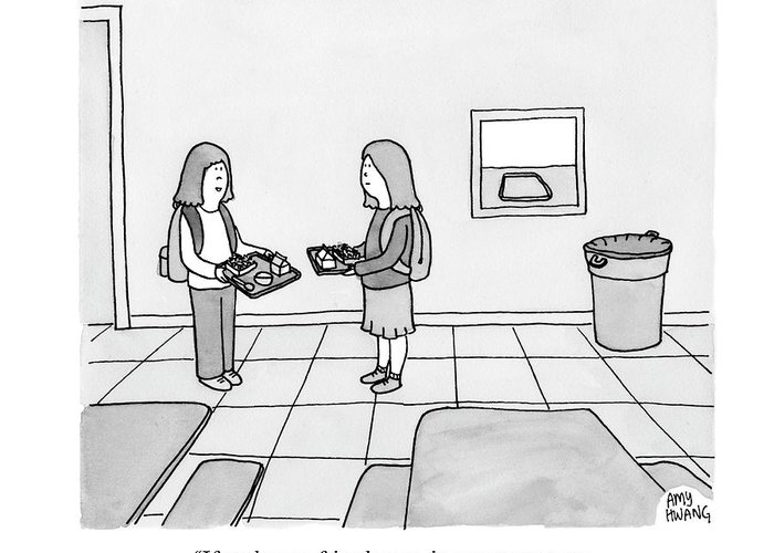 700x500 two girls talk in a school cafeteria greeting card for sale - Cafeteria Drawing