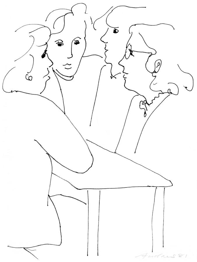 676x900 women chatting in cafeteria drawing - Cafeteria Drawing