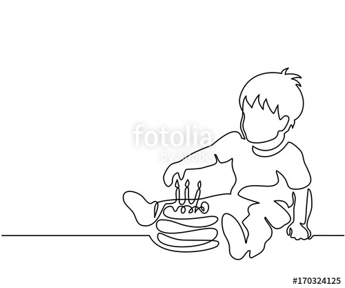 500x417 Continuous Line Drawing Little Boy With Birthday Cake Vector - Cake Line Drawing