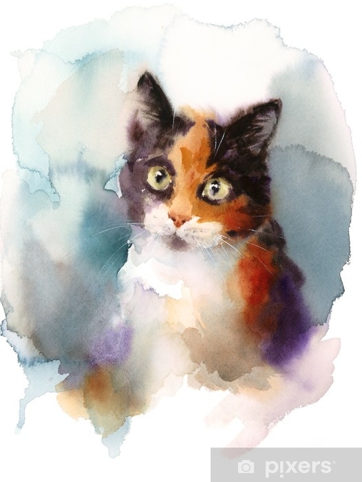 526x700 Watercolor Calico Cat Hand Drawn Pet Portrait Illustration Wall - Calico Cat Drawing