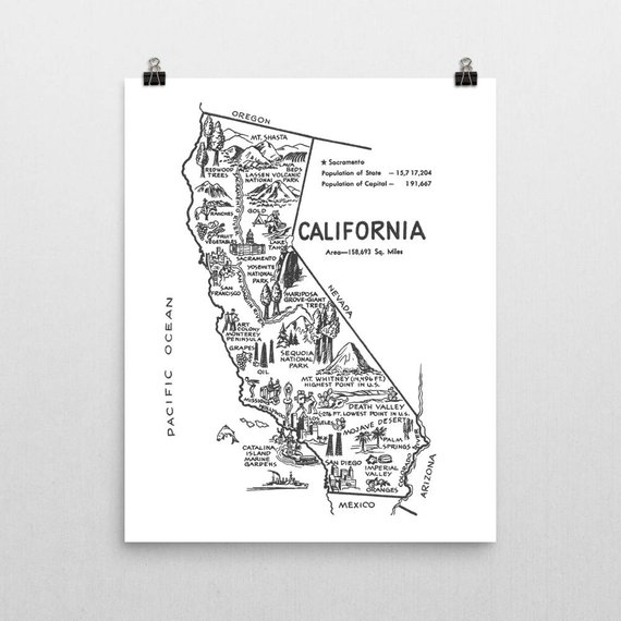 570x570 california wall art vintage california map poster travel etsy - California Map Drawing