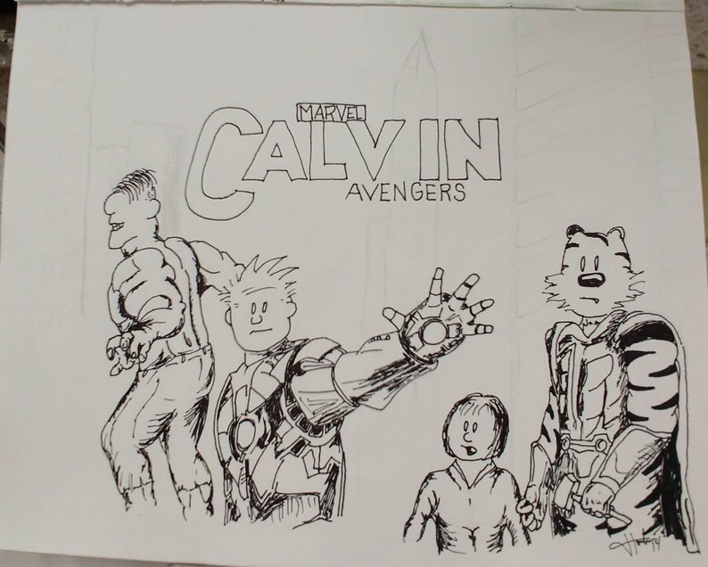 794x636 calvin and hobbes as the avengers tribute ink drawing etsy - Calvin Drawing