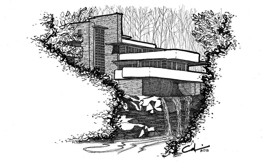 900x556 falling water drawing - Calvin Drawing