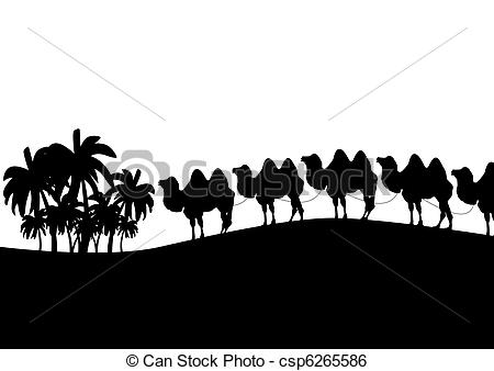 450x338 Caravan Black And White Outline Illustration Which Depicts - Camel Caravan Drawing