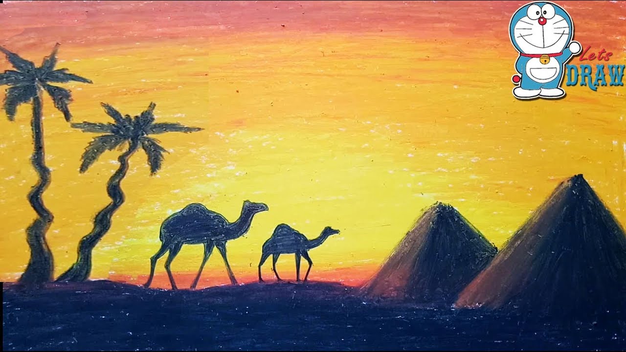 1280x720 how to draw scenery of sunset in desert step - Camel In Desert Drawing