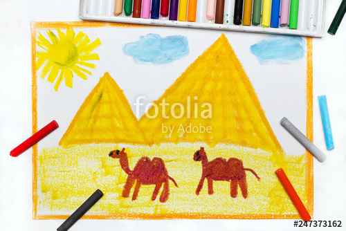 500x334 colorful drawing pyramids and camels in the desert stock photo - Camel In Desert Drawing