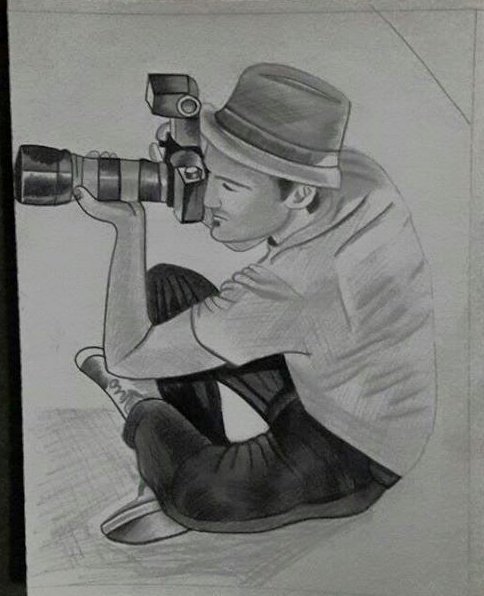 484x596 Pencil Sketch Of Boy With Camera - Camera Pencil Drawing